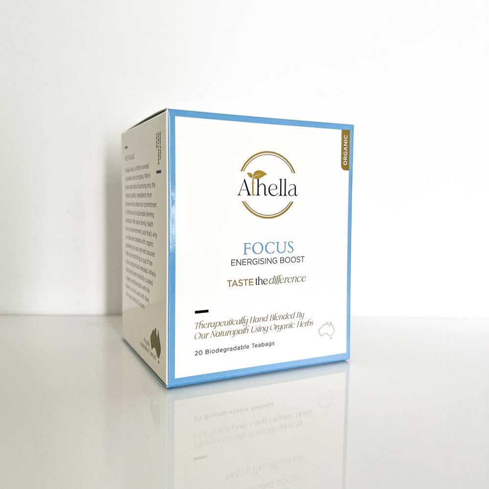 Athella Focus Energising Boost Taste the Difference, Therapeutically Hand Blended by Our Naturopaths Using Organic Herbs. 20 Biodegradable Teabags box packaging.