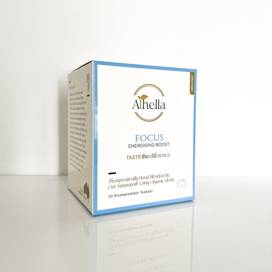 Athella Focus Energising Boost Taste the Difference, Therapeutically Hand Blended by Our Naturopaths Using Organic Herbs. 20 Biodegradable Teabags box packaging.