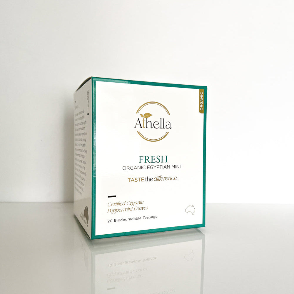 Athella Fresh Organic Egyptian Mint, Taste the Difference, Certified Organic Peppermint Leaves. 20 Biodegradable Teabags box packaging.