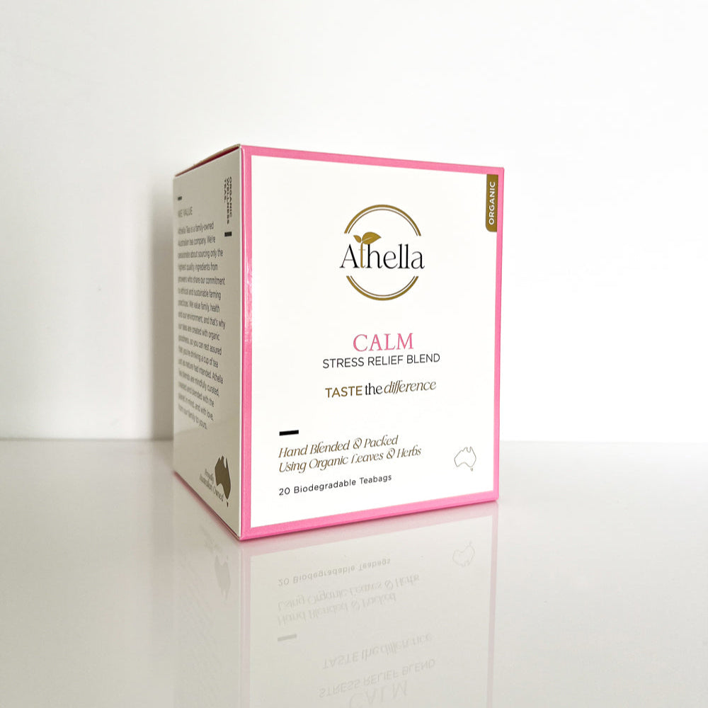 Athella Calm Stress Relief Blend box packaging. Taste the difference. Hand blended and packed using organic leaves and herbs. 20 Biodegradable Teabags.