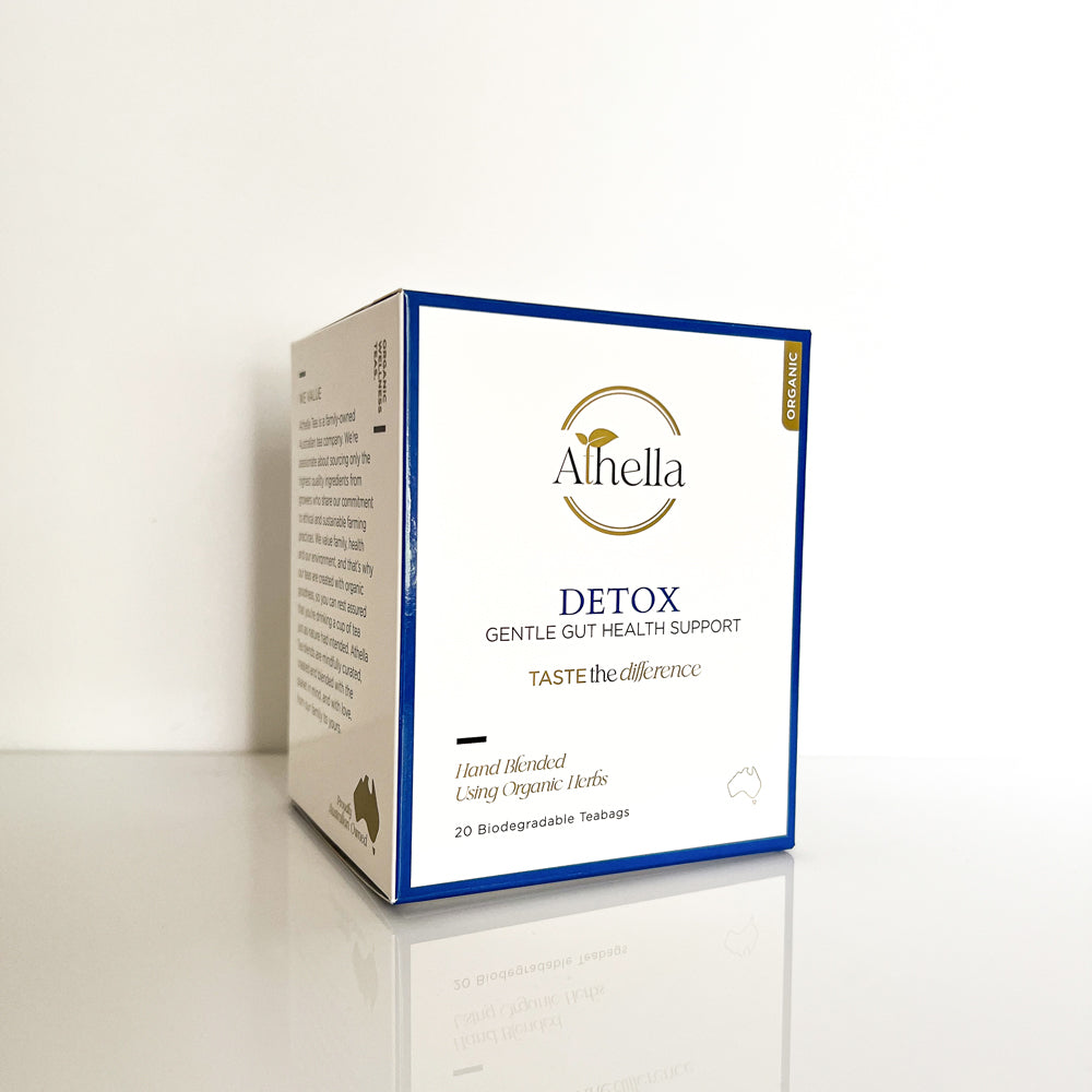 Athella Tea Detox Gentle Gut Health Support. Taste the Difference Hand Blended Using Organic Herbs. 20 Biodegradable Teabags. Box Packaging.
