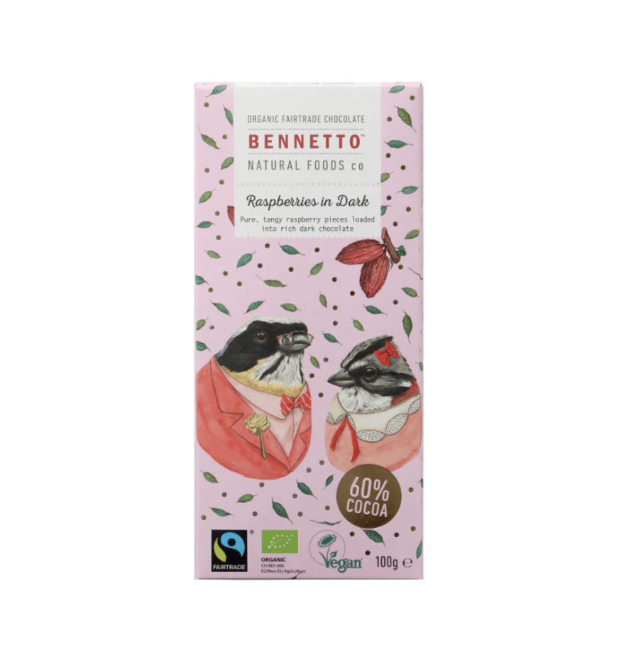 Image of Bennetto Raspberries in Dark Chocolate Block. Pure, tangy raspberry pieces loaded into rich dark chocolate. 60% Cocoa, Fairtrade, Organic and Vegan certified. 100g. 