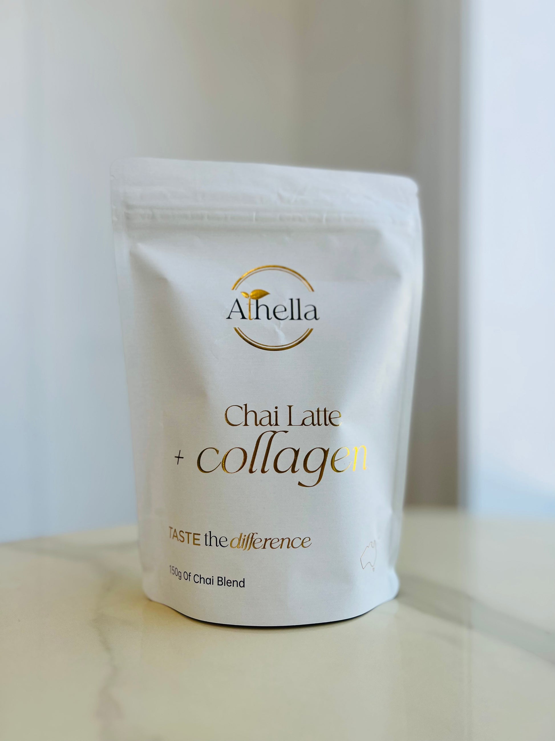 Athella Chai Latte Plus Collagen packaging, Taste the Difference, 100g of Chai Blend.