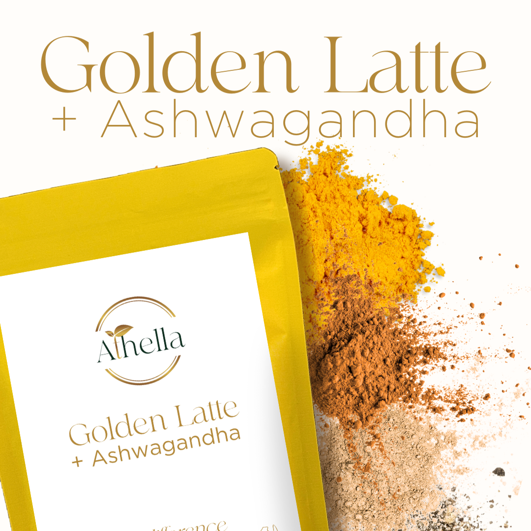 Golden Turmeric Latte + Ashwagandha Packaging with natural ingredient powders.