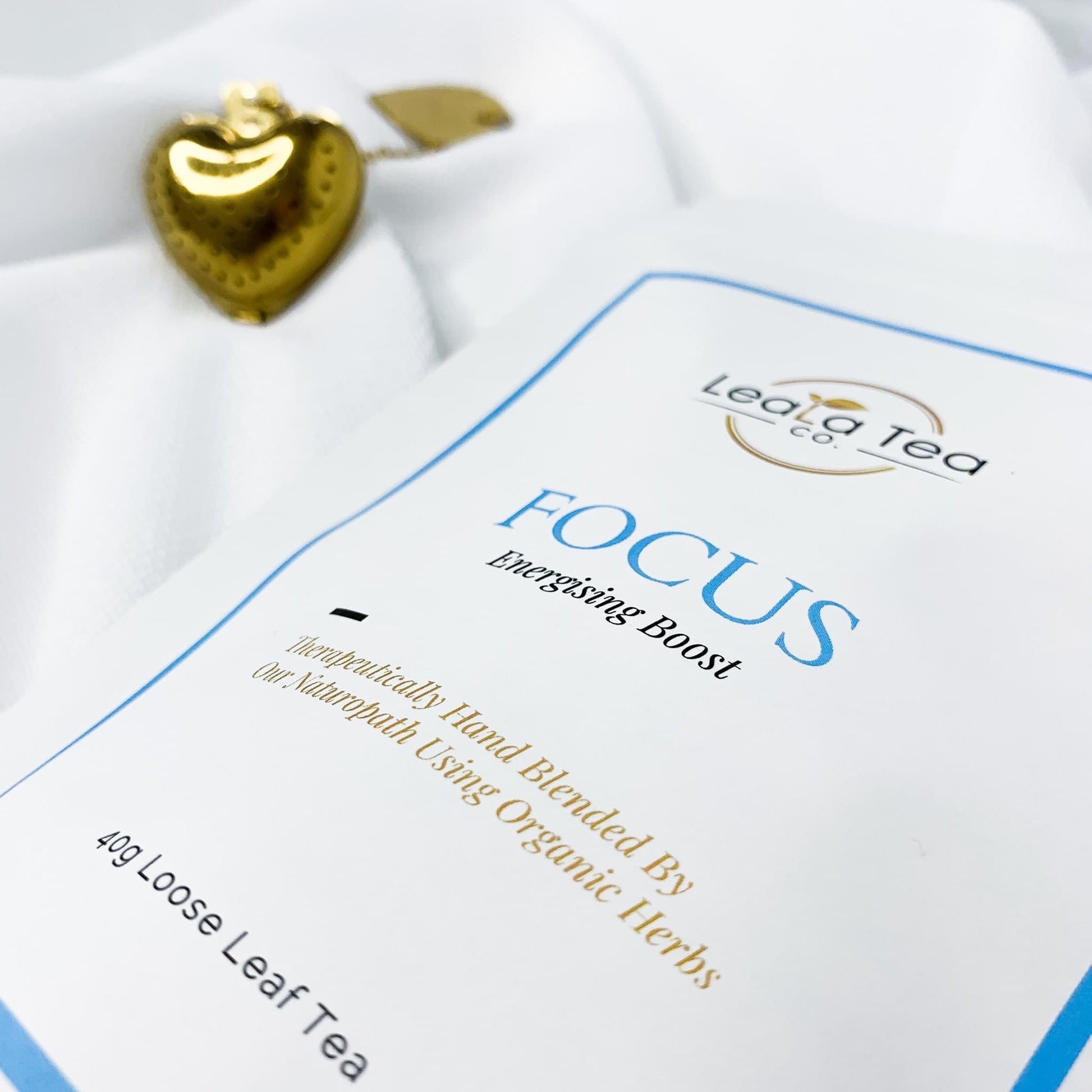 Athella Focus Energising Boost Taste the Difference, Therapeutically Hand Blended by Our Naturopaths Using Organic Herbs. 40g Loose Leaf Tea Packaging Upclose. 