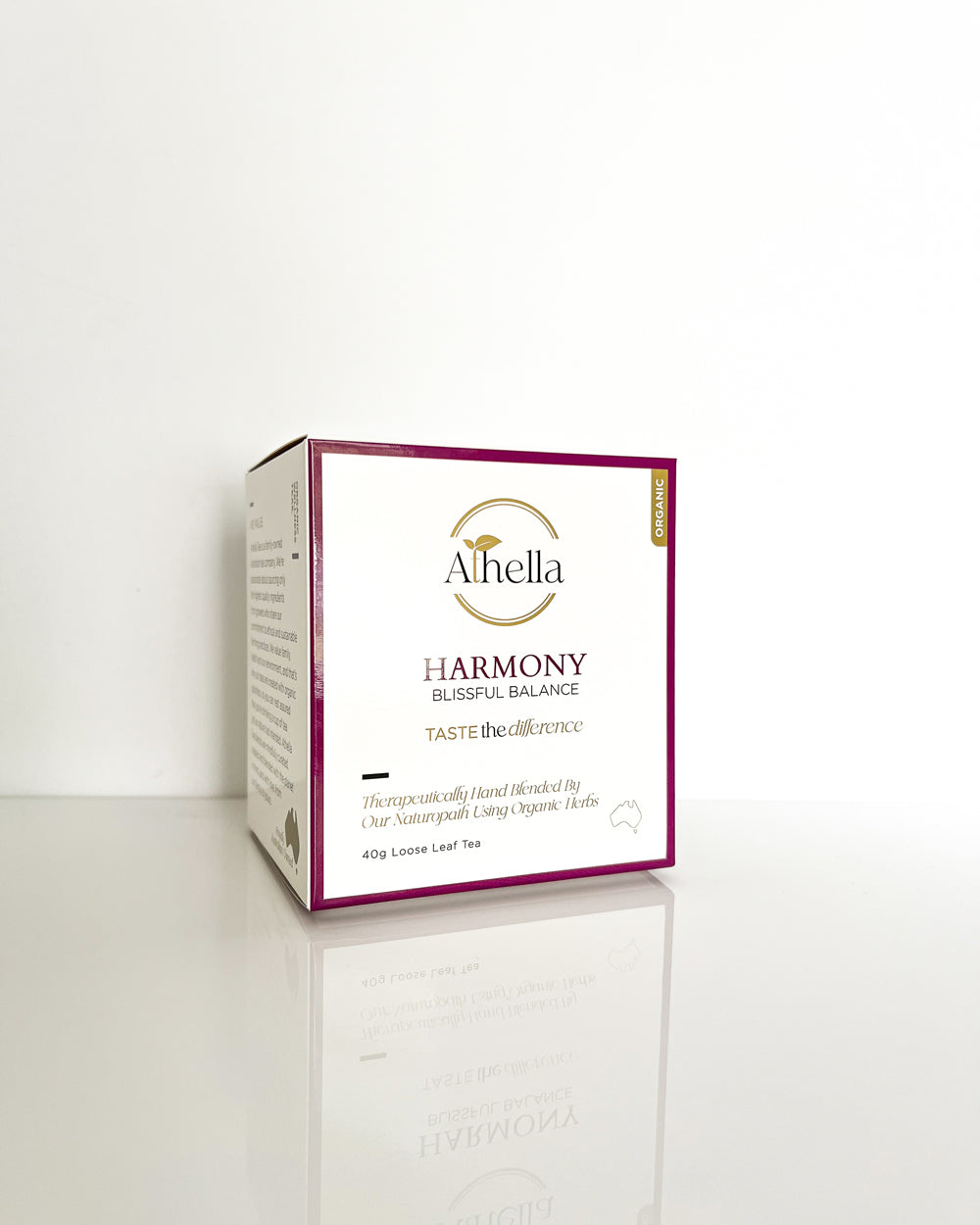 Athella Harmony, Blissful Balance, Taste the Difference. Therapeutically and Blended by Our Naturopath Using Organic Herbs. 40g Loose Leaf box packaging. 