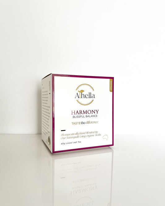 Athella Harmony, Blissful Balance, Taste the Difference. Therapeutically and Blended by Our Naturopath Using Organic Herbs. 40g Loose Leaf box packaging. 