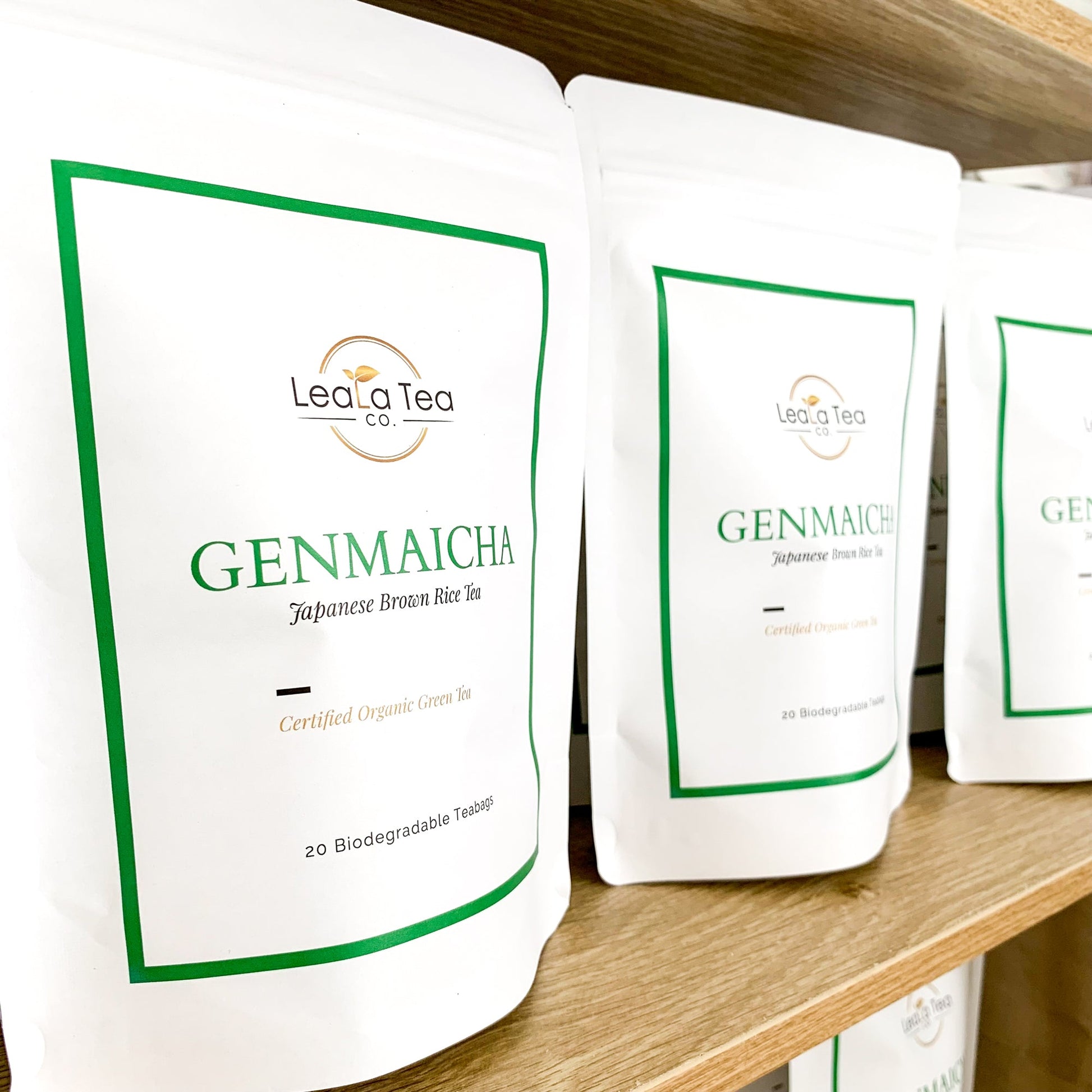 Athella Genmaicha Japanese Brown Rice Tea. Certified Organic Green Tea 20 Biodegradable Tea Bags packages on a shelf