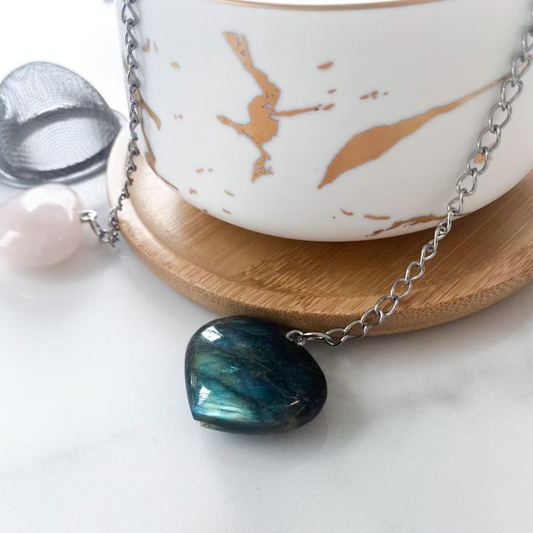 White and Gold Boho Lux Tea Cup with Crystal Tea Strainer and Wooden Coaster.