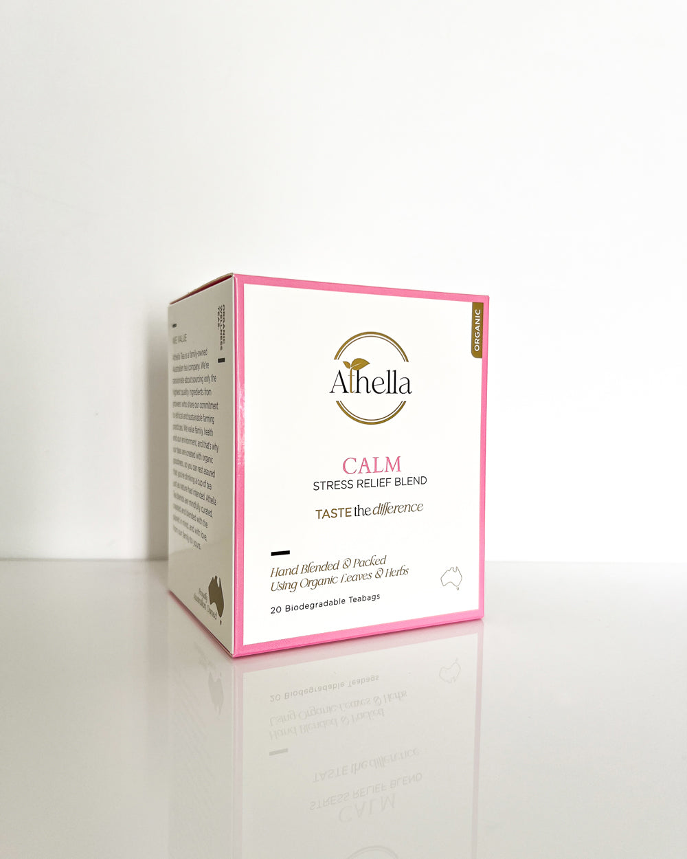 Athella Calm Stress Relief Blend box packaging. Taste the difference. Hand blended and packed using organic leaves and herbs. 20 Biodegradable Teabags. 