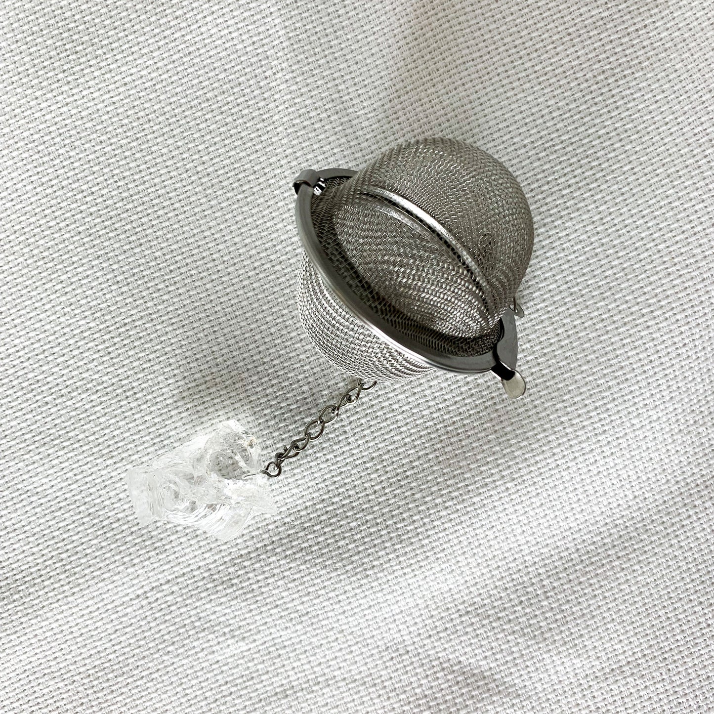 Athella round Clear Quartz Crystal Tea Infuser with natural clear quartz at end of chain. 